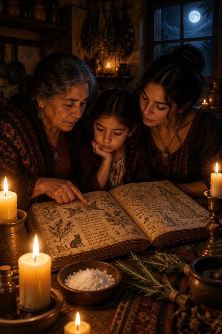Abuela, madre e hija leyendo un grimorio
